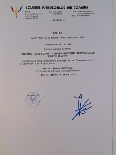 Anexa la certificat de inregistrare cabinet individual Grigore Pavel Florin